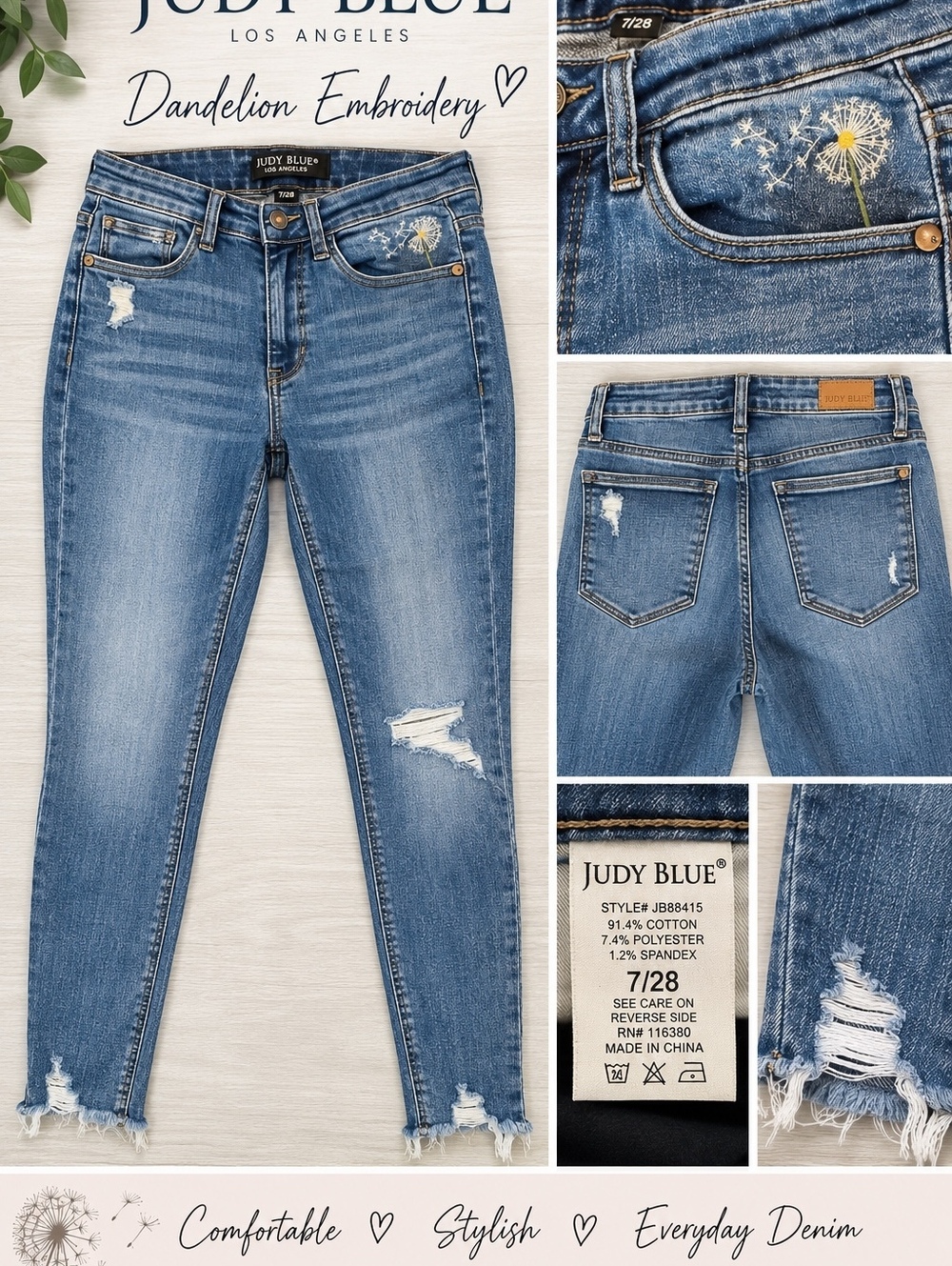 Judy Blue Distressed Skinny Jeans Dandelion Embroidery Size 7/28